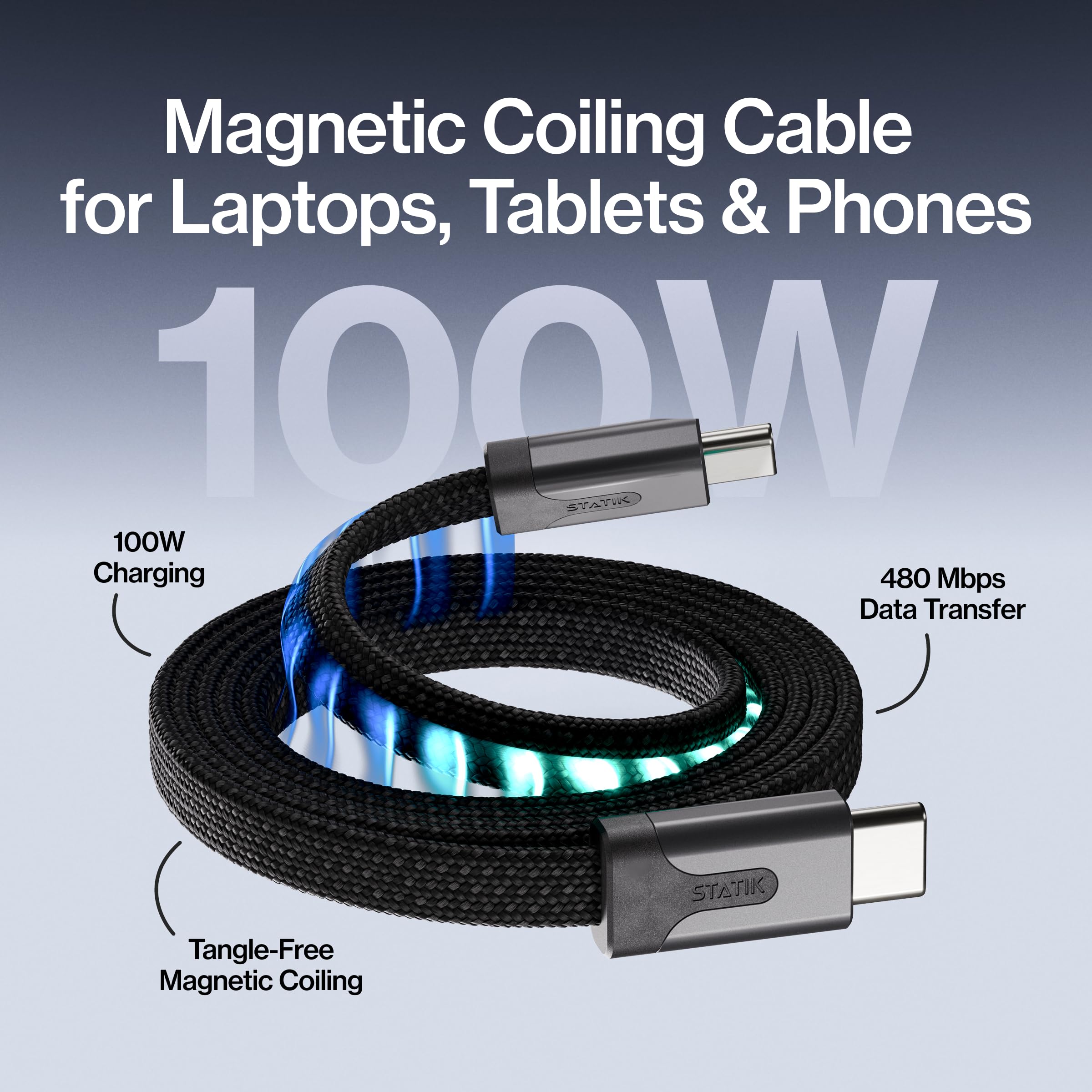 Statik MagStack Slim Pro - Cable USB C a USB C, cable magnético antienredos, cargador plano tipo C, cable de carga rápida, cable de carga magnético, compatible con iPhone 17, Galaxy S24 Ultra, 100 W