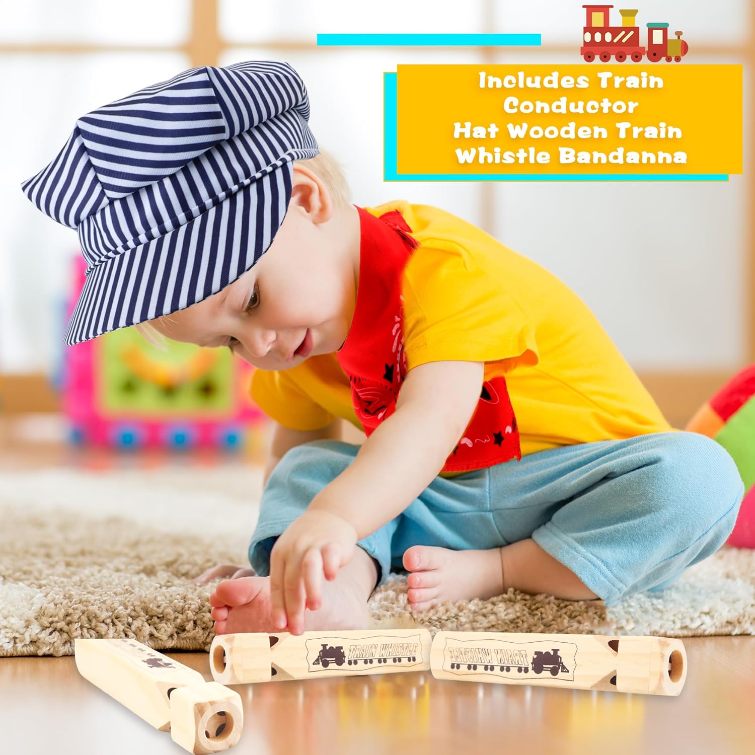 2 Set Kids Train Conductor Dress Up Kit Train Conductor Cap Paisley Bandanna Wooden Whistle for Halloween Party Career Day Pretend Cosplay
