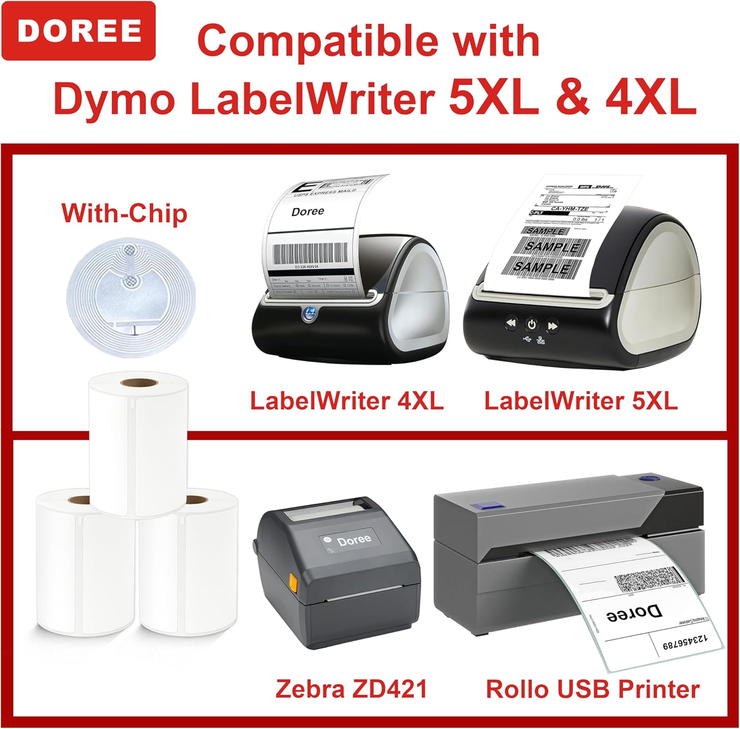 DOREE 4-Roll 4" x 6" Extra-Large Shipping Labels 1744907 with chip, Compatible with Dymo LW 5XL and 4XL Label Printers. (Thermal Shipping Labels, White,4-Rolls Total 880)