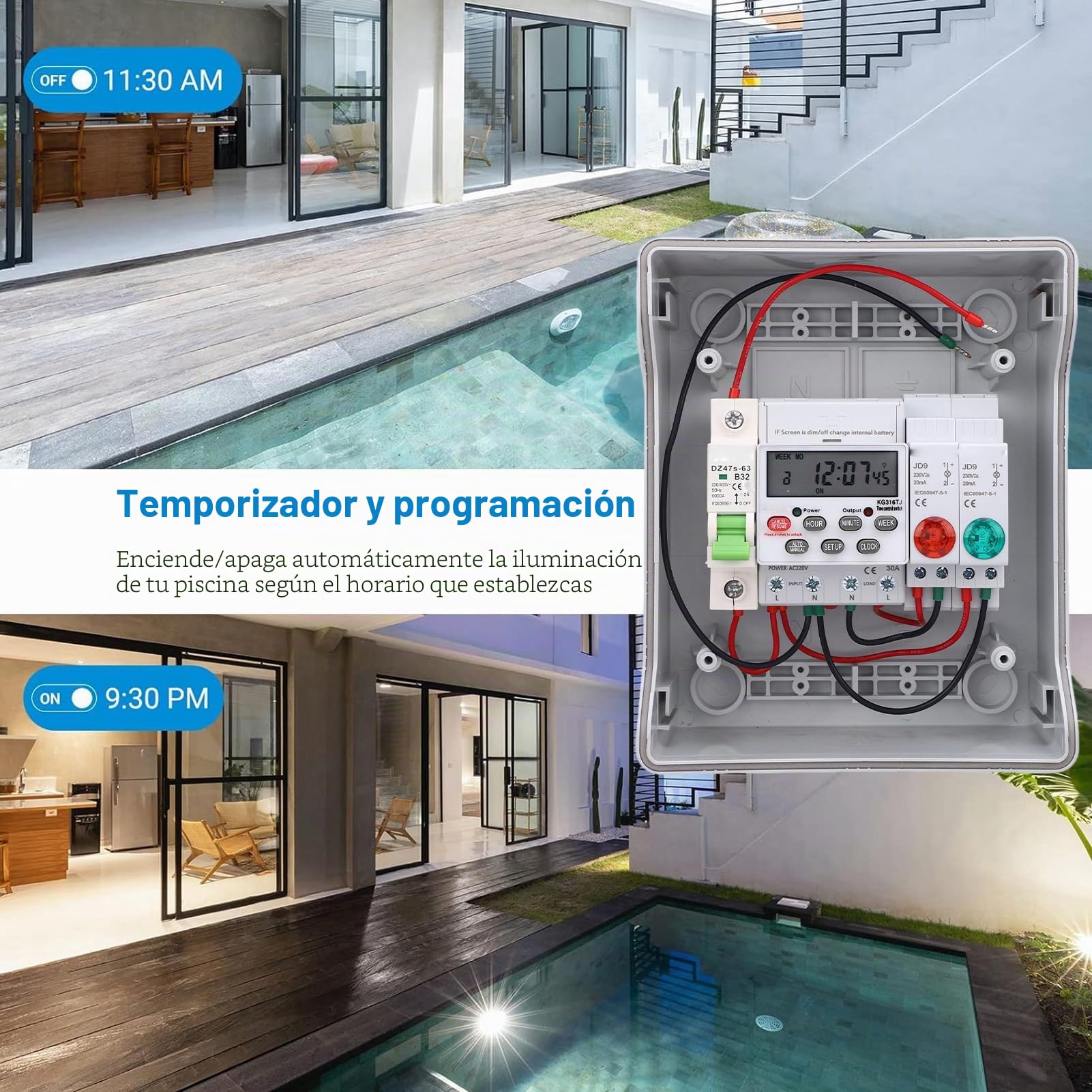Interruptor de Temporizador Digital, Caja de Distribución Al Aire Libre Programable, Temporizador de Bomba de Piscina Impermeable, Interruptor de Circuito para Bomba de Piscina