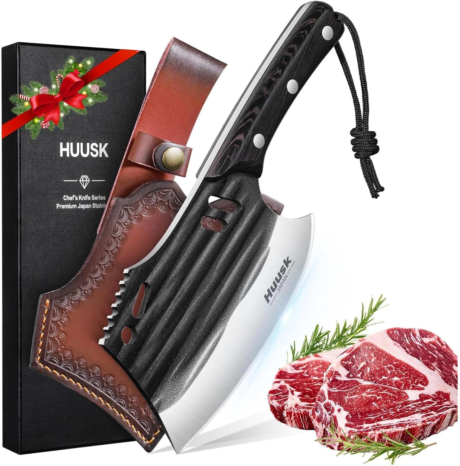 Huusk Butcher Knife for Meat Cutting, Japanese Meat Cleaver with Sheath, Hand Forged Chopping Knife with Full Tang Handle, Heavy Duty Bone Cleaver for Cooking Camping, Gifts Idea Men