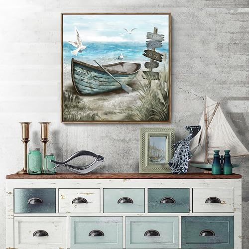 Vista 28 de Arte de pared para baño, decoración costera, barco náutico en la playa, lienzo con imagen de gaviota del océano, paisaje marino, arte de granja