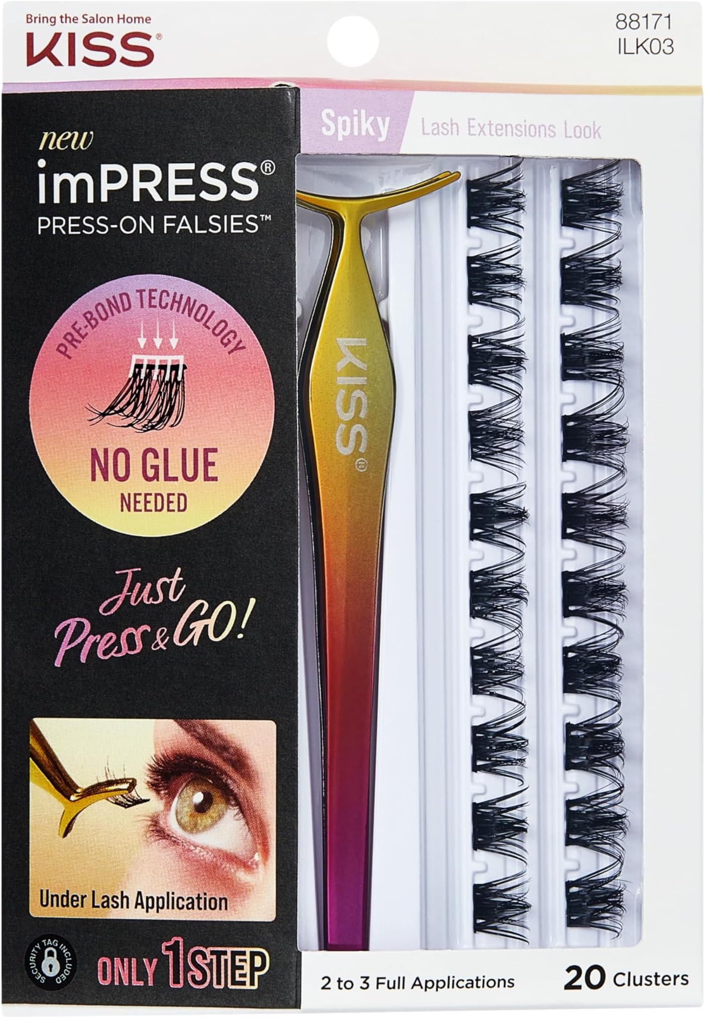 Impress KISS Press-On Falsies Eyelash Clusters Kit, Spiky, Black, Fuss Free, Invisible Band, Natural, 24 Hours, Sticky Residue, Flawless, Quick & Easy | 20 Clusters, Pack Of 1 (ILK03) Standard