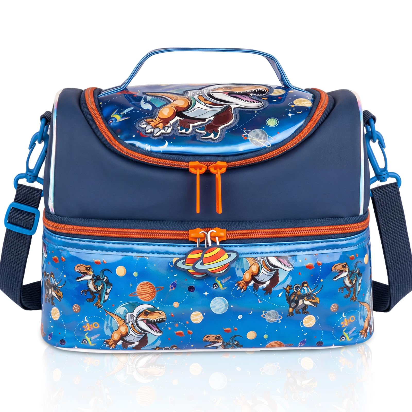 PinkSheep Kids Double Decker Cooler Insulated Lunch Bag Large Tote for Boys, Girls, Men, Women, with Adjustable Strap, Unicorn (Dinosaur)