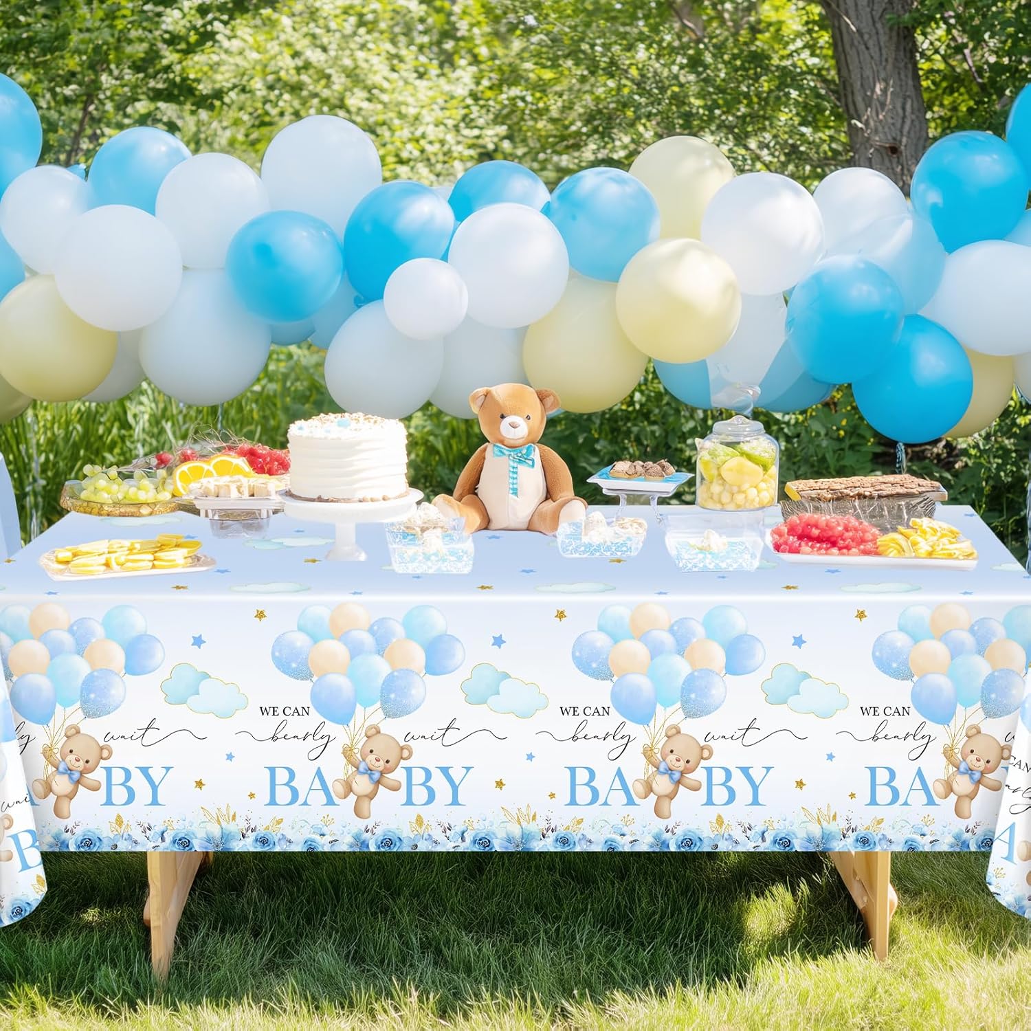 Avezano 3 Pcs Bear Baby Shower Tablecloth We Can Bearly Wait Table Cloths Blue Bear Baby Shower Decorations 108 x 54 Inch