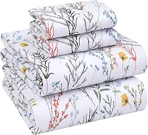 RUVANTI 100% Cotton King Size Sheets Set, 4 Pieces, Soft & Breathable Percale Weave Bedding, Deep Pocket 16", Hotel Standard, Crisp Cool Feel, Durable, Perfect Floral Bed Sheet, Aroma