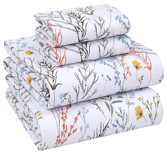 RUVANTI 100% Cotton Sheets – Queen Size Percale Bedding, Cooling & Breathable Floral Design, Durable with a Crisp, Soft & Comfortable Feel, 16" Deep Pocket, 4-Piece Set, Aroma