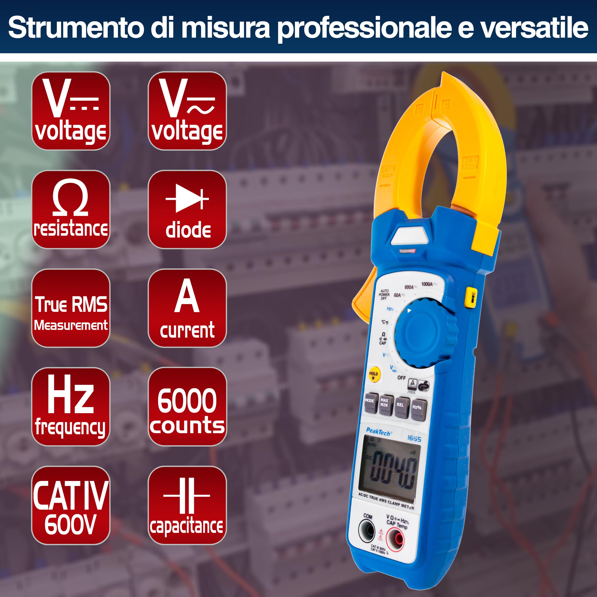 Peaktech P 1665 – Pinza Amperometrica Effettiva 1000A Ac/Dc con Luce LED, 6000 Conteggi, Multimetro Digitale, Tüv/Gs, Pinza Amperometrica, Voltmetro, Amperometro, Tester di Continuità - Max. 600 V