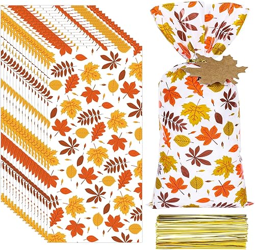 Whaline 120 bolsas de celofán de otoño con 120 lazos dorados giratorios, 40 etiquetas de hojas de arce, hojas de otoño, bolsas de celofán para