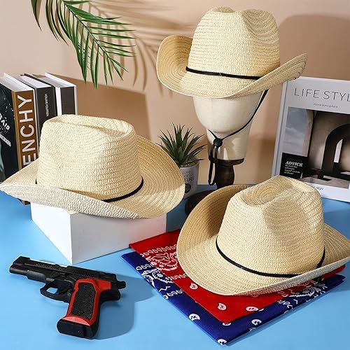 Miniatura 6 de Zhanmai 18 Set Cowboy Hats and Bandanas Set Straw Cowboy Hat Party Bandanas Western Party Cowboy Accessories