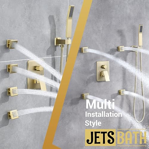 Miniatura 7 de JB-BS02-BG - Cabezal de chorros de ducha cuadrado presurizado, 4 piezas de spray lateral de masaje de montaje en pared (latón, oro cepillado)