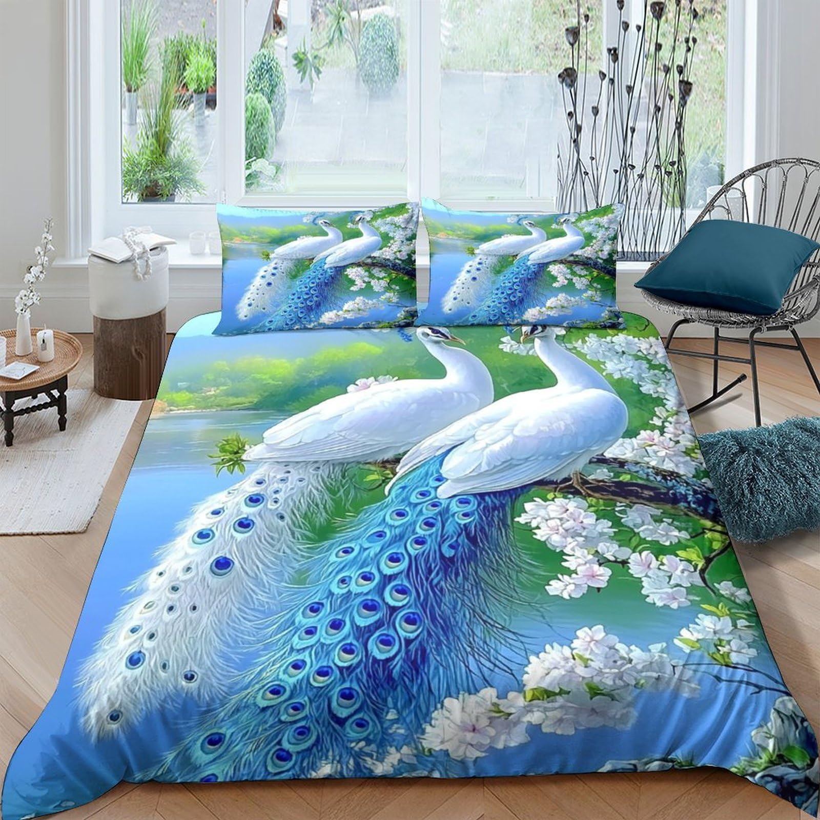 Ctjqhvkz Style-7 3D Printed Blue Peacock Fitted Sheet Microfiber Soft Non-Slip Mattress Cover For Bedroom Guest Room Artistic Decor Single（135X200cm）