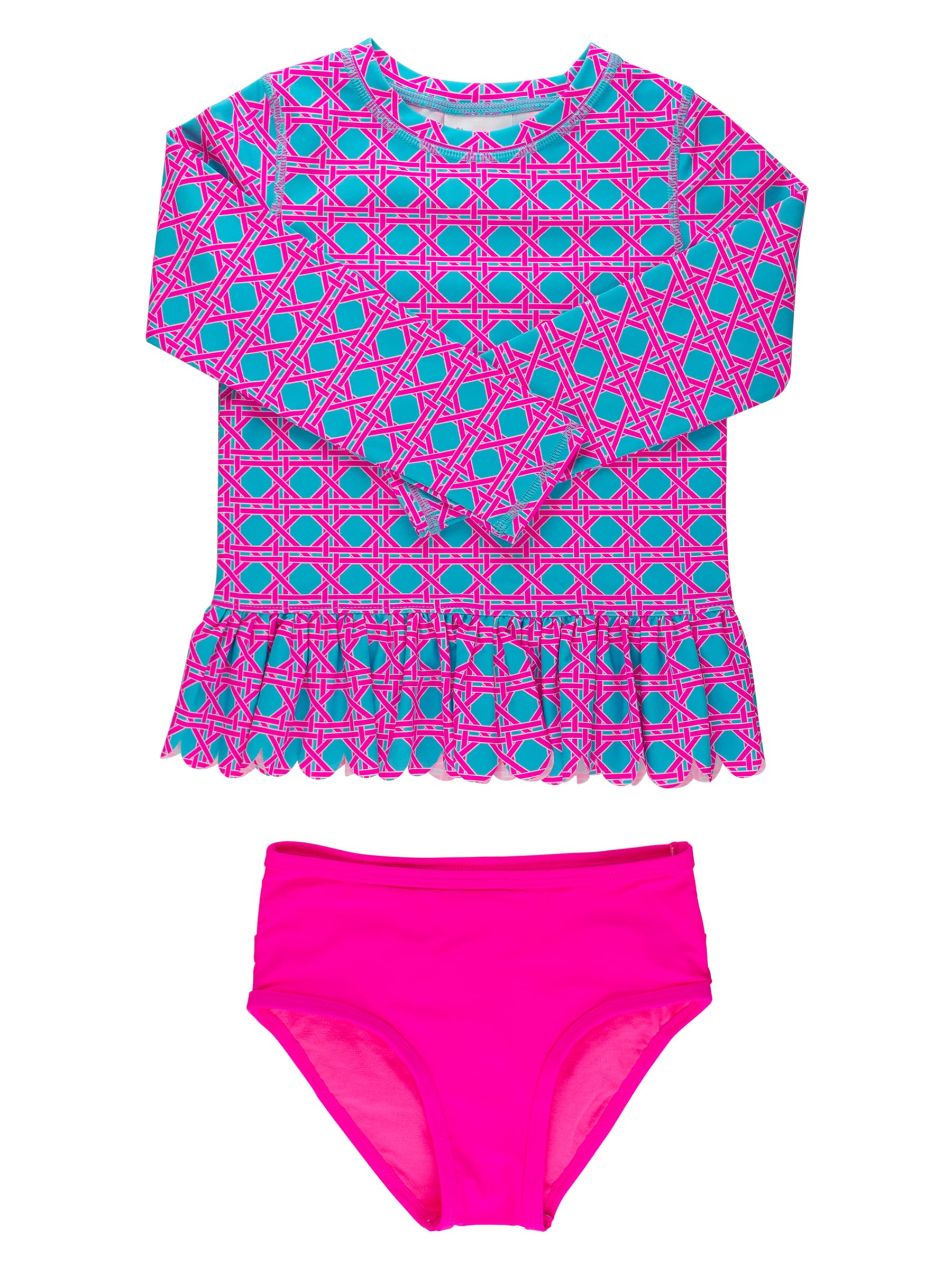 RuffleButts Girls Scalloped Long Sleeve - 2-Piece Rash Guard Swim UPF 50+