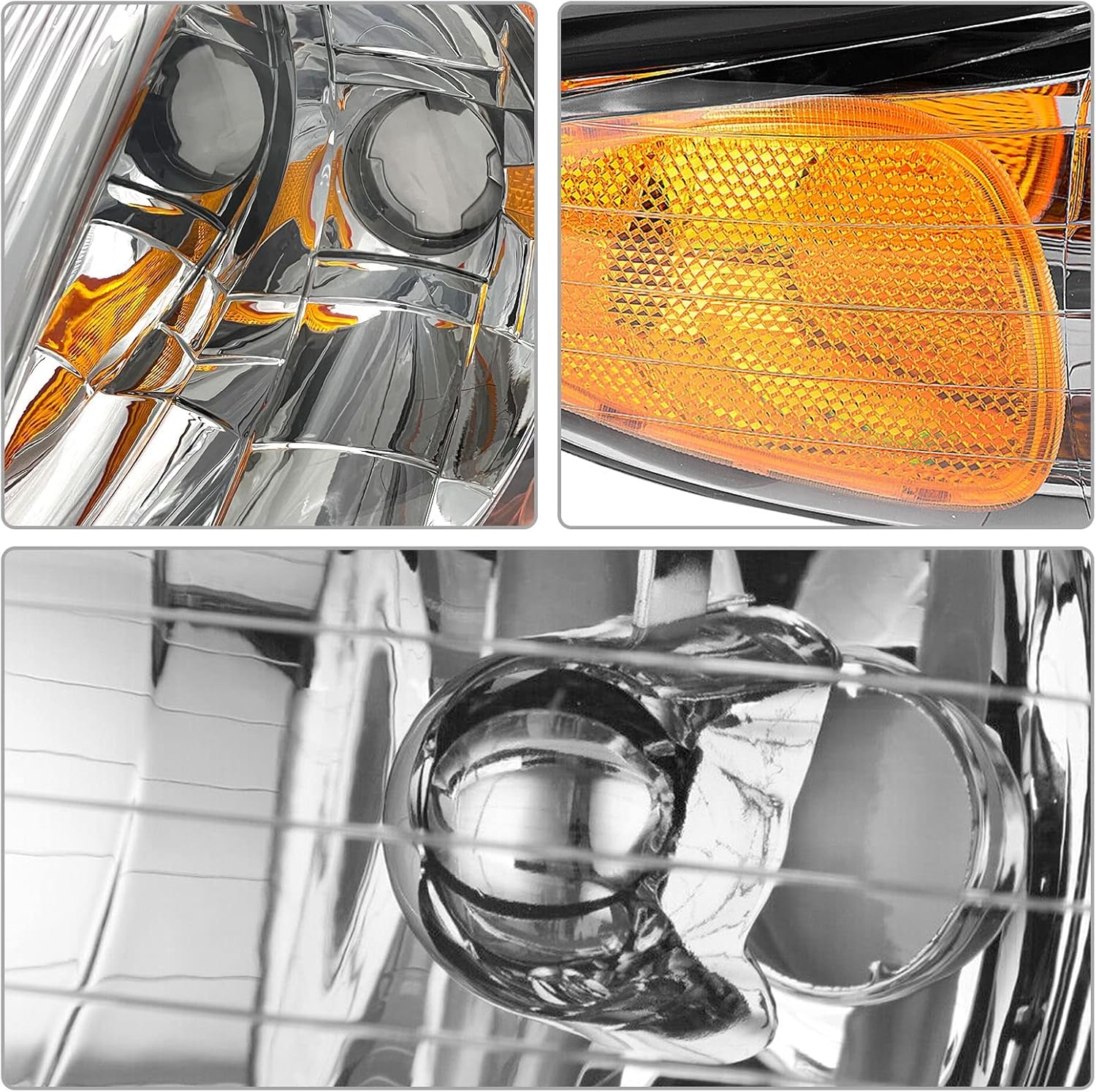 Headlight Assembly Pair for 1996-2000 Dodge Grand Caravan Chrysler Town & Country Chrome Housing Amber Reflector W/O Bulbs