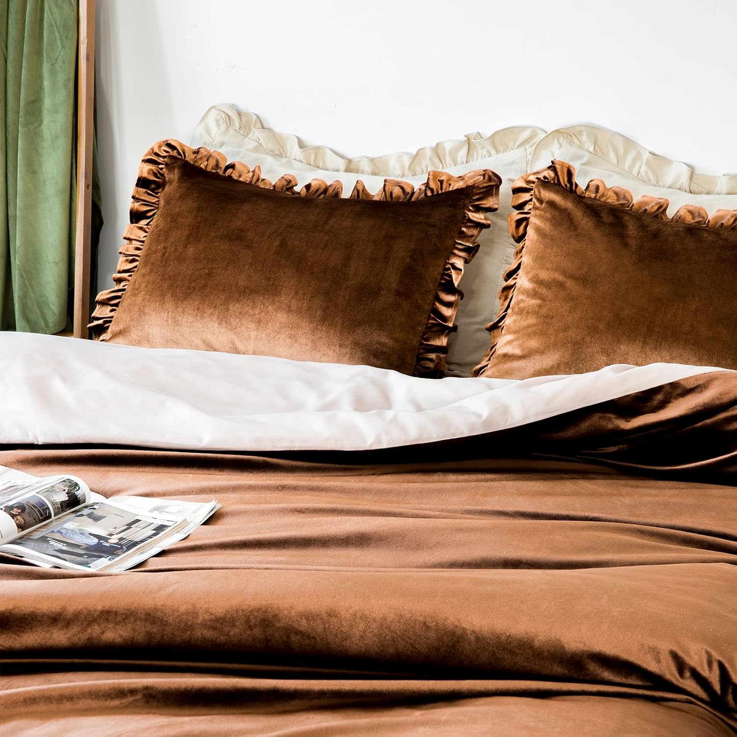 GLORY SEASON Velvet Duvet Cover Set Retro Ruffle Flounces Trim Luxurious Solid Golden Camel Farmhouse Vintage Comforter Cover Bedding Sets, Matching Shams for Home Bedroom Decor, Queen 90"x90"