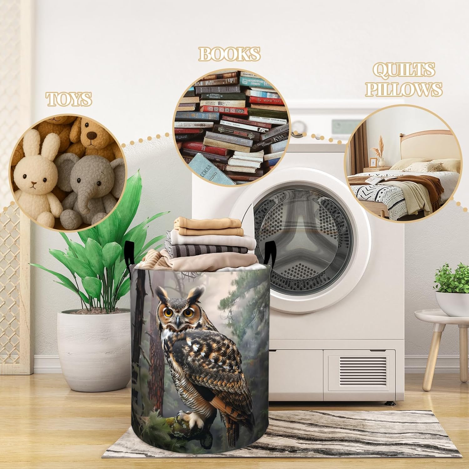 Realistic Owl in Misty Forest Laundry Basket, Dorm Nursery Foldable Laundry Hamper Organizer for Bathroom Decor, Toy Clothes Storage Box for Bedroom 19.7x15.7 Inch