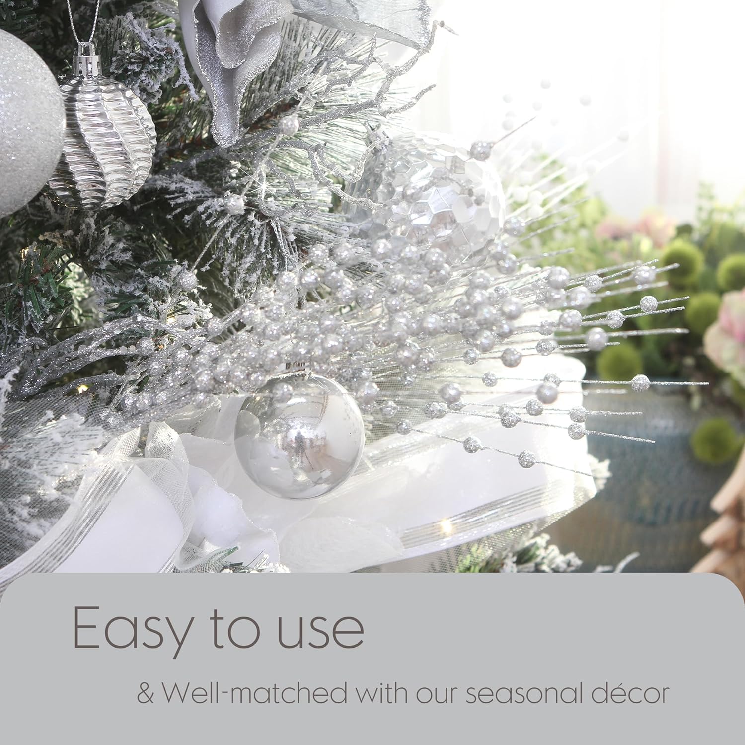 Sea Team 24-Pack Artificial Glitter Berry Stem Ornaments, Decorative Bead Sticks, Glittery Twigs, Picks, Branches for Christmas Tree, Small Vase, Holiday, Wedding, Party (17 Inches, Silver)