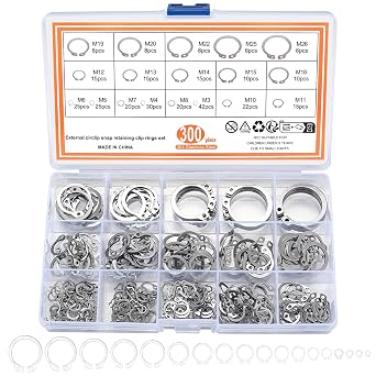 300 Pcs Retaining Ring Set, Internal Snap Rings Kits, Stainless Steel External Circlip Snap Retaining Clip Rings, 18 Sizes Circlip Retaining Snap Rings Assortment Kit for Grooved Shafts, Pins, Studs