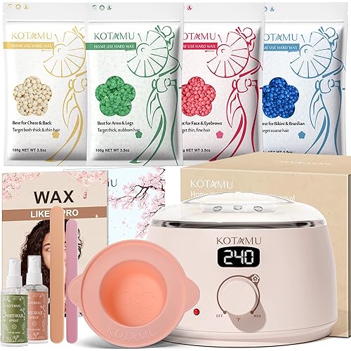 KOTAMU Waxing Kit for Women & Men, Wax Warmer for Hair Removal, Digital Wax Kit with Silicone Pot，Ideal for Face Eyebrow Arm Legs Armpit &Sensitive Skin, Pink Waxing Machine for Home Salon Use
