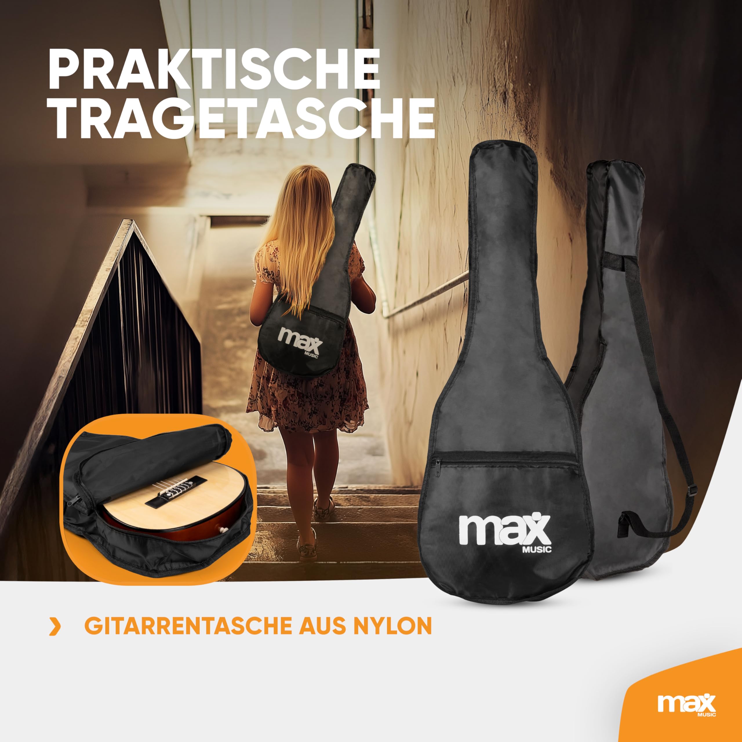 MAX SoloArt - Gitarre 3/4 Kindergitarre ab 6 Jahre, Junior Akustik Gitarre inkl. Gitarrenständer, Tasche, Plektrum, Gurt und Saiten-Zubehör, 3/4 Guitar Kinder ab 6 Jahren in Holz Ahorn