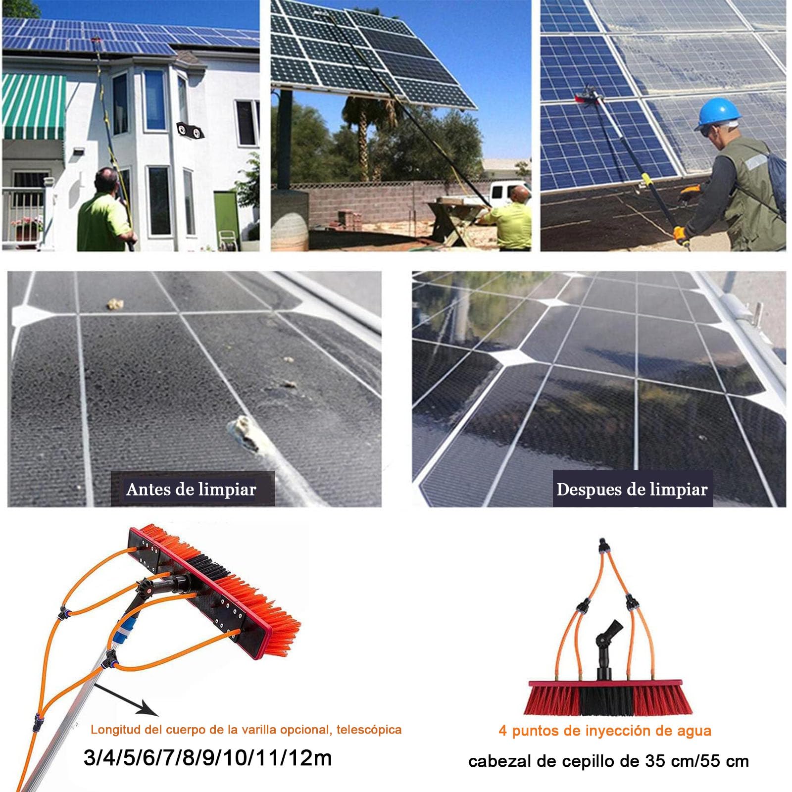 Cepillo de Limpieza Telescopico, Cepillo para Limpiar Placas fotovoltaicas Herramienta de Limpieza de Ventanas Altas para Limpie Limpia Placas Solares, Barra telescópica de 3 a 15 m