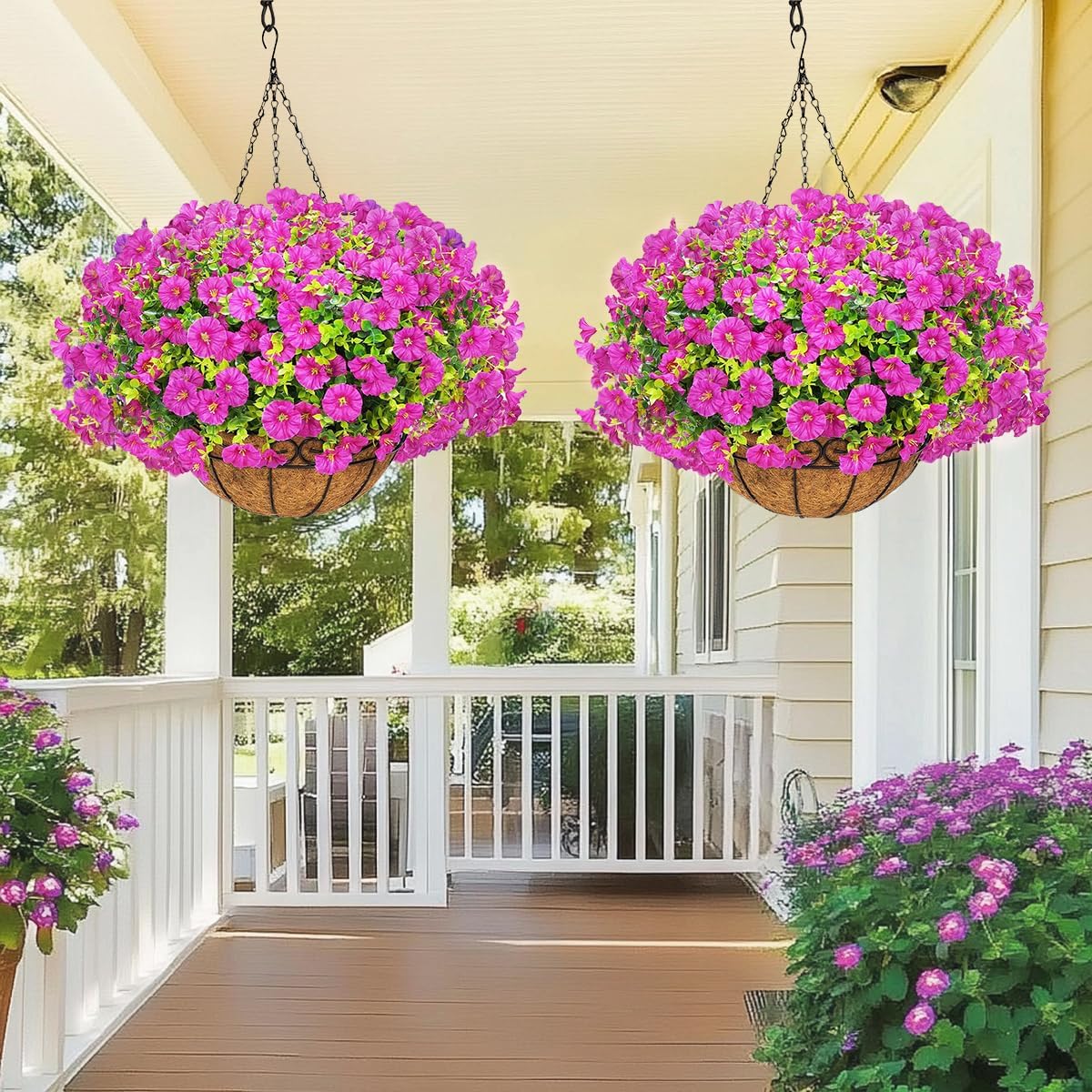 Artificial Flowers Hanging Basket, 10 Bundles UV Resistant Faux Silk Morning Glory Flowers with Eucalyptus Leaves, Realistic Plants for Indoor Outdoor Garden Home Decor (Purple-red)