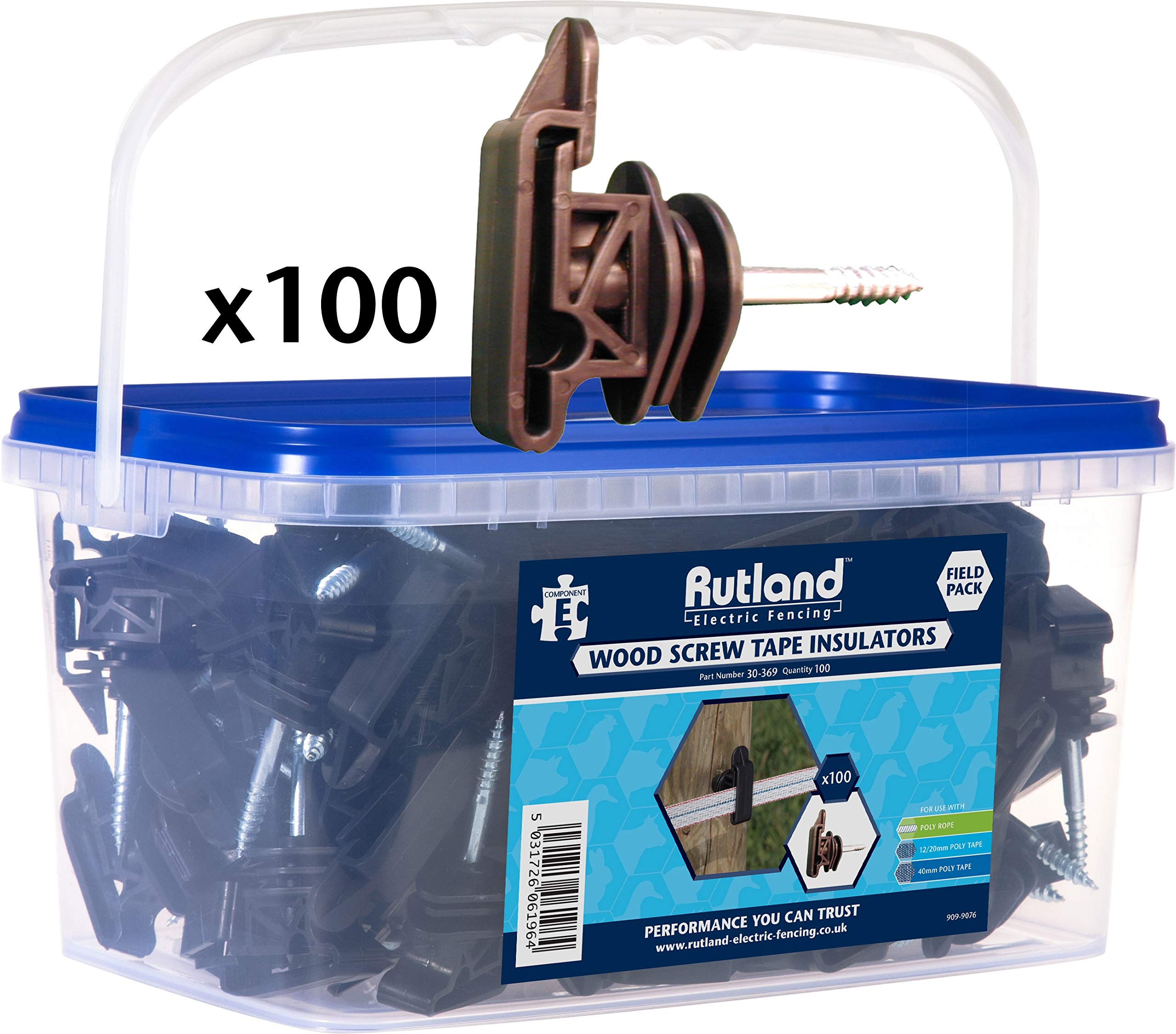 Rutland 30-369R izolator czara ze śrubą do słupków drewnianych do taśmy ogrodzeniowej 12-40 mm i liny elektryczne 6 mm, 100 sztuk