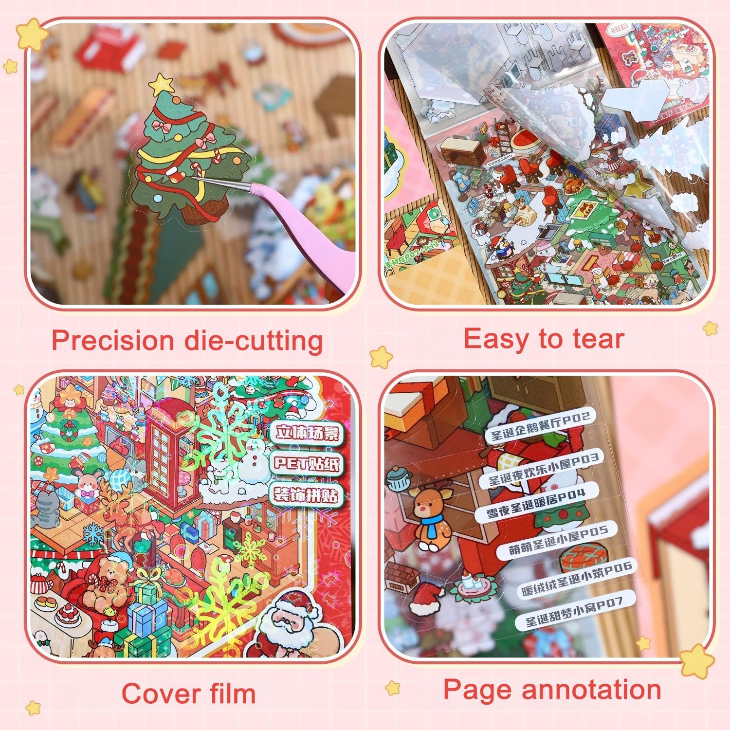 Christmas Sticker Book Collection, 10 Sets 3D Christmas Stickers, DIY 3D Miniature House Stickers Collection Book, Make Gifts for Adults and Kids, Fun Simulated Scene Game for Girls