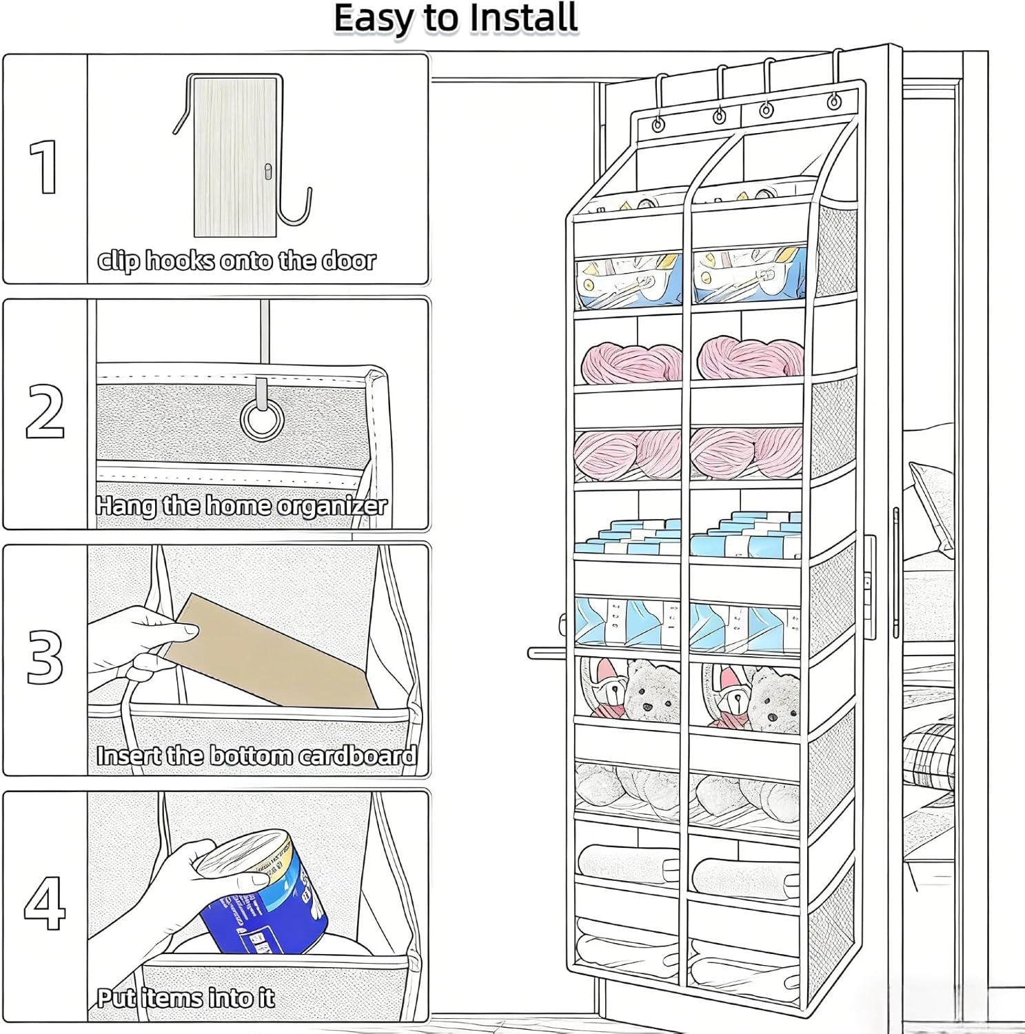 5 Tier Over the Door Organizer with 10 Clear Pockets & 10 Mesh Pockets - Extra Large Behind Door Storage for Closet, Nursery, Bedroom, Pantry | Diaper & Toy Organizer (Black)