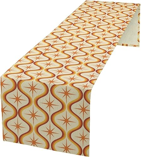 Orange Atomic Table Runner, Mid Century Modern Yellow Burgundy Oval Shapes Patte