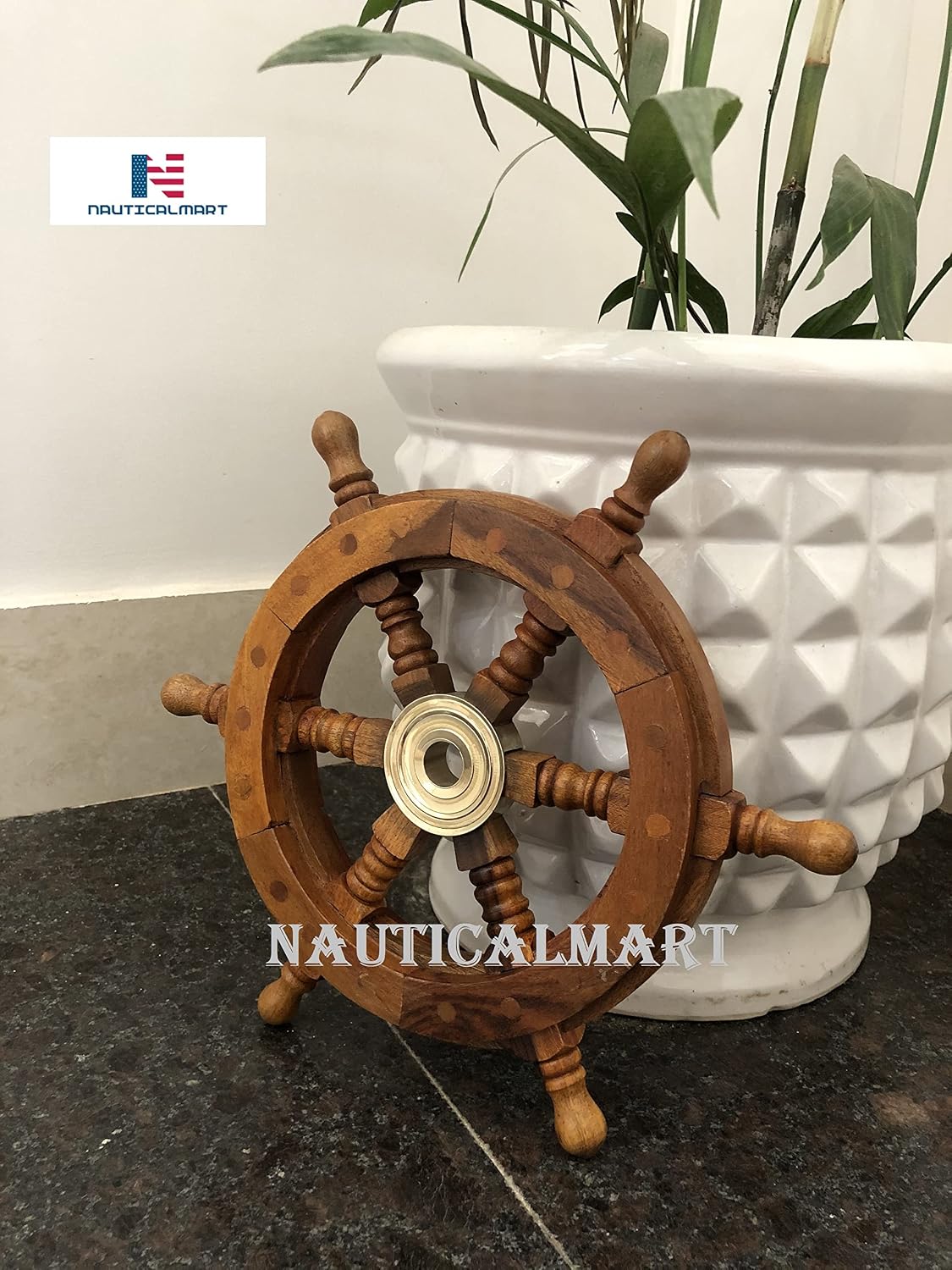 Captain’s Wooden Ship Wheel 12” – Handcrafted Wheel with Brass Ring & Hub, Nautical Wall Décor,Pirate and Beach-Themed Home or Office