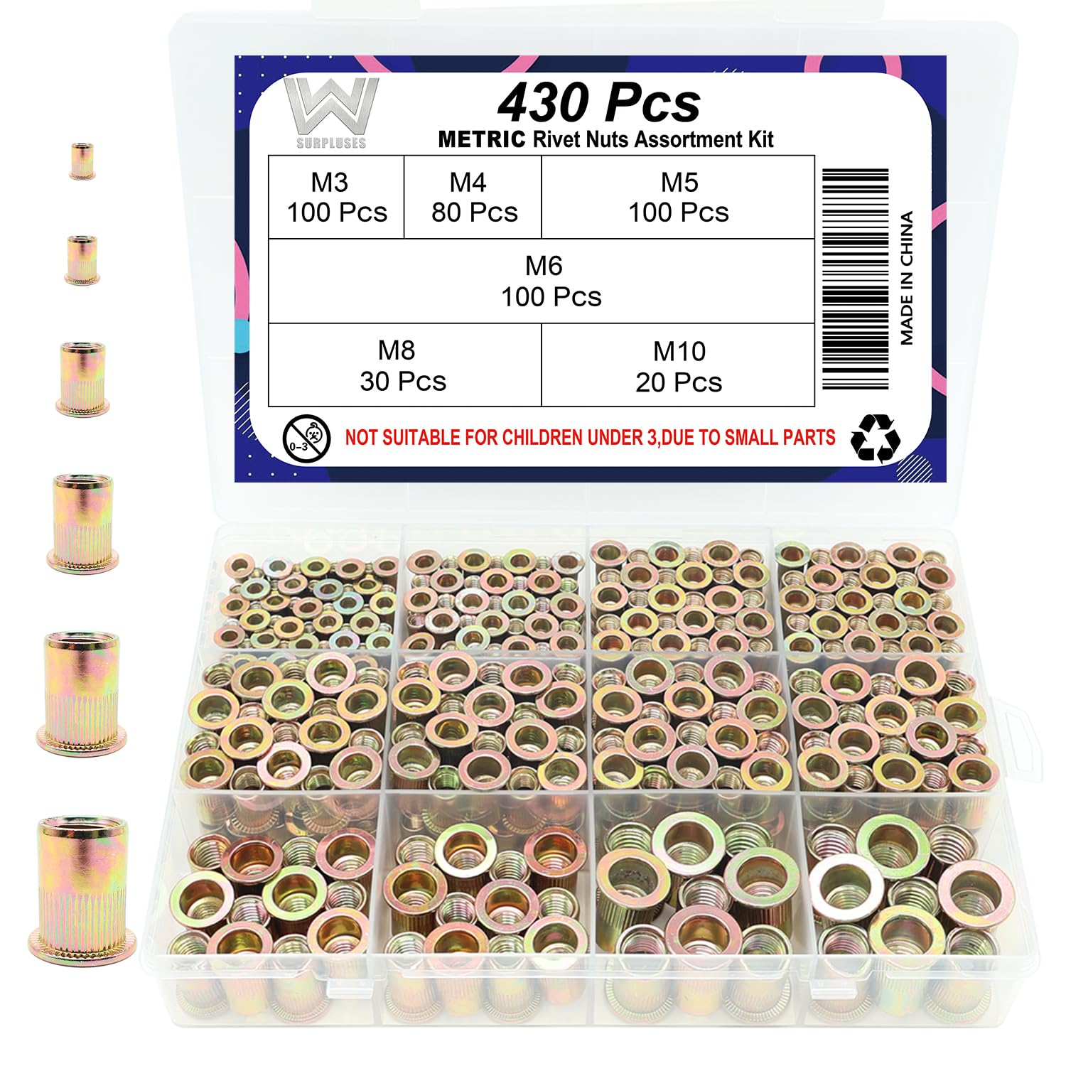 Kit de remaches tuerca métricos 430 piezas