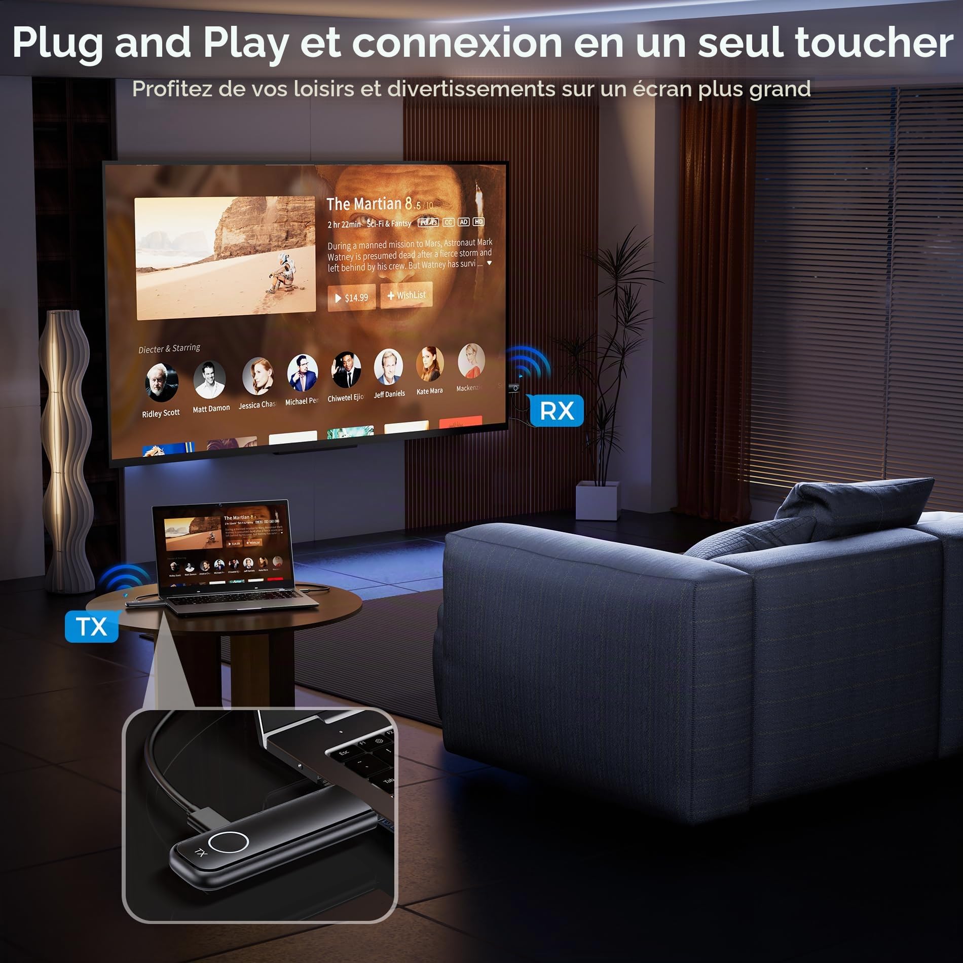 Aceele Émetteur et récepteur HDMI sans fil, Full HD 1080p Émetteur et récepteur HDMI 50 m, 2,4 G/5G Adaptateur d'affichage sans fil pour streaming vidéo d'un ordinateur portable/PC à moniteur/TV