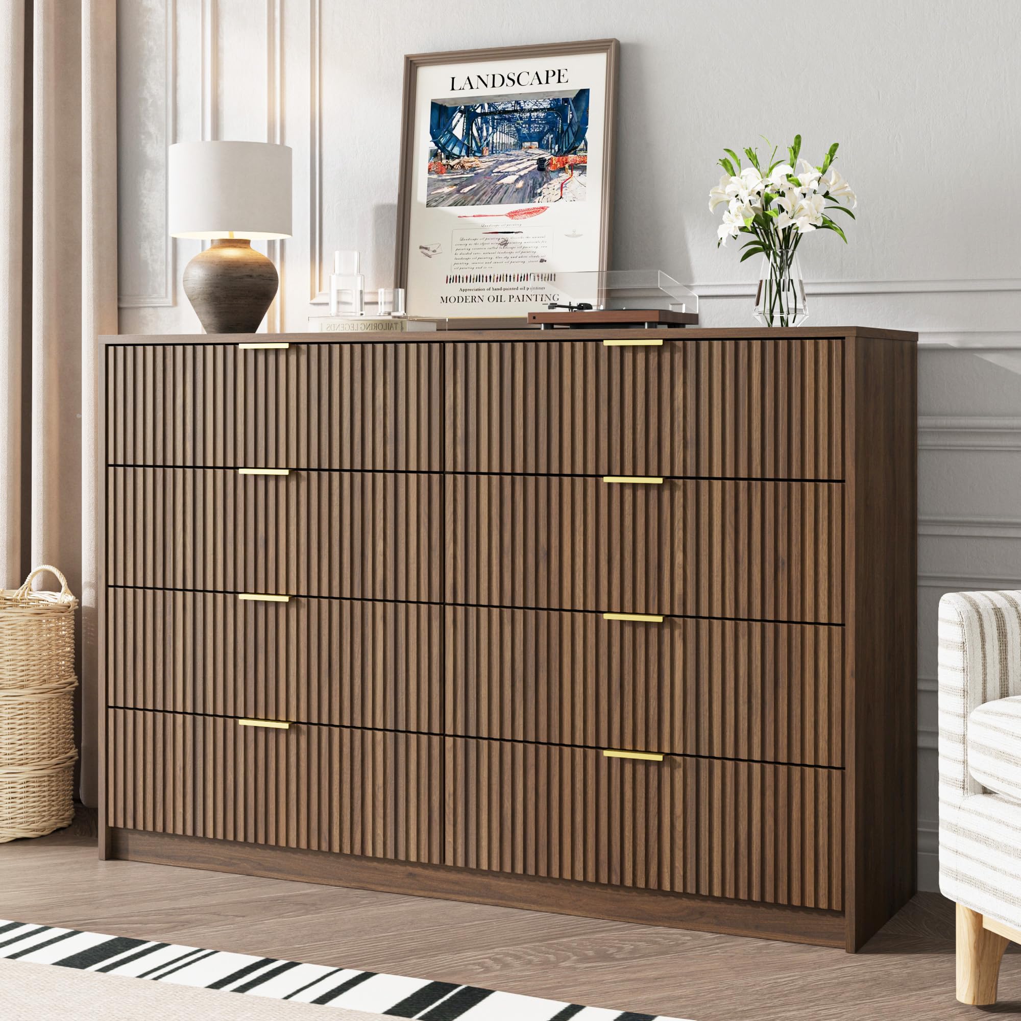 MAISONARIA 8 Drawer Double Dresser, Modern Chest of Drawers, Walnut