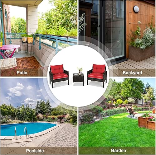 Miniatura 6 de ORALNER Juego de 3 piezas para conversación de patio, sofá de mimbre para todo tipo de clima y mesa auxiliar con cojines gruesos, muebles de