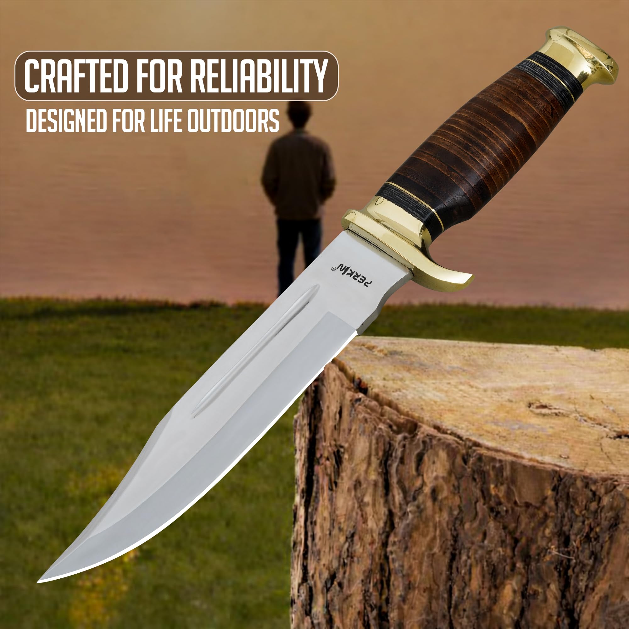 Perkin Cuchillo de caza hecho a mano con vaina fija cuchillo cuchillo mango de cuero