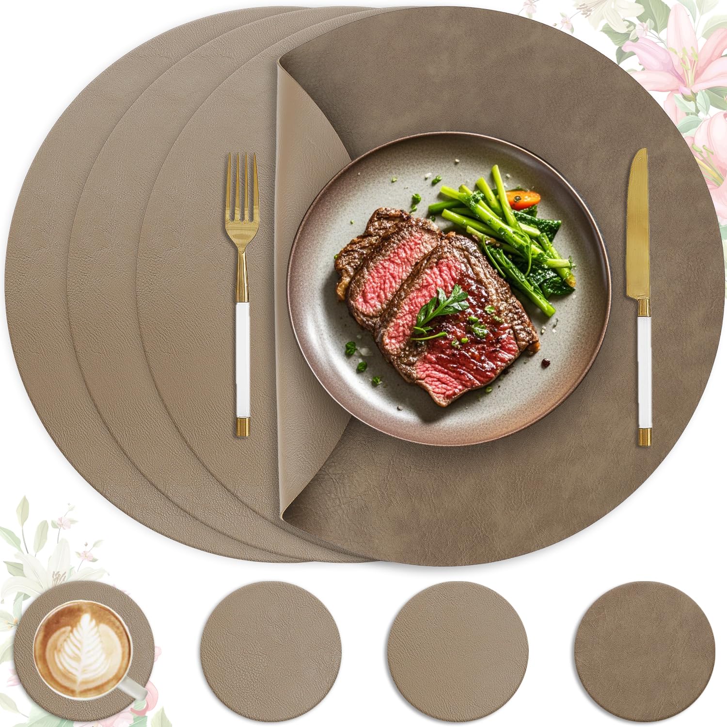Heli MAIO Tischsets und Untersetzer 4er Set,Platzsets Abwaschbar und Doppelseitigen rutschfest Platzdeckchen,Tischset Leder Kunstleder,Platzdeckchen wasserdicht