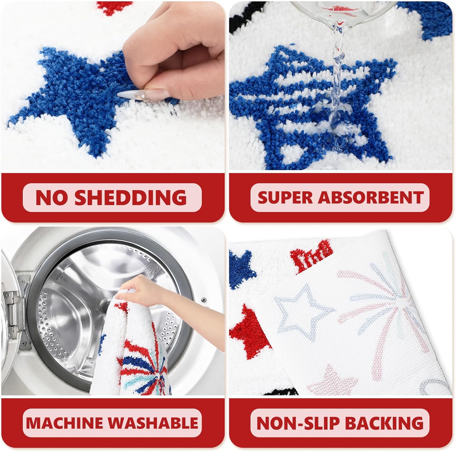 JarThenaAMCS Patriotic Bathroom Rug Absorbent Freedom Star Tufted Bath Mat Non Slip Rectangle 4th of July Shower Rug Front Door Mat for Independence Day Home Room Entrance