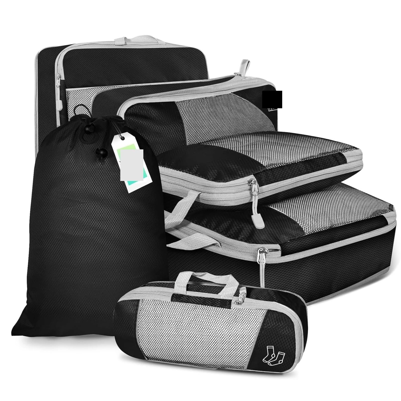 Organizer da viaggio per accessori da viaggio Set di 6 cubi da viaggio compressi, organizer for riporre oggetti, con borsa for scarpe, in rete, portatile e leggero(Black)