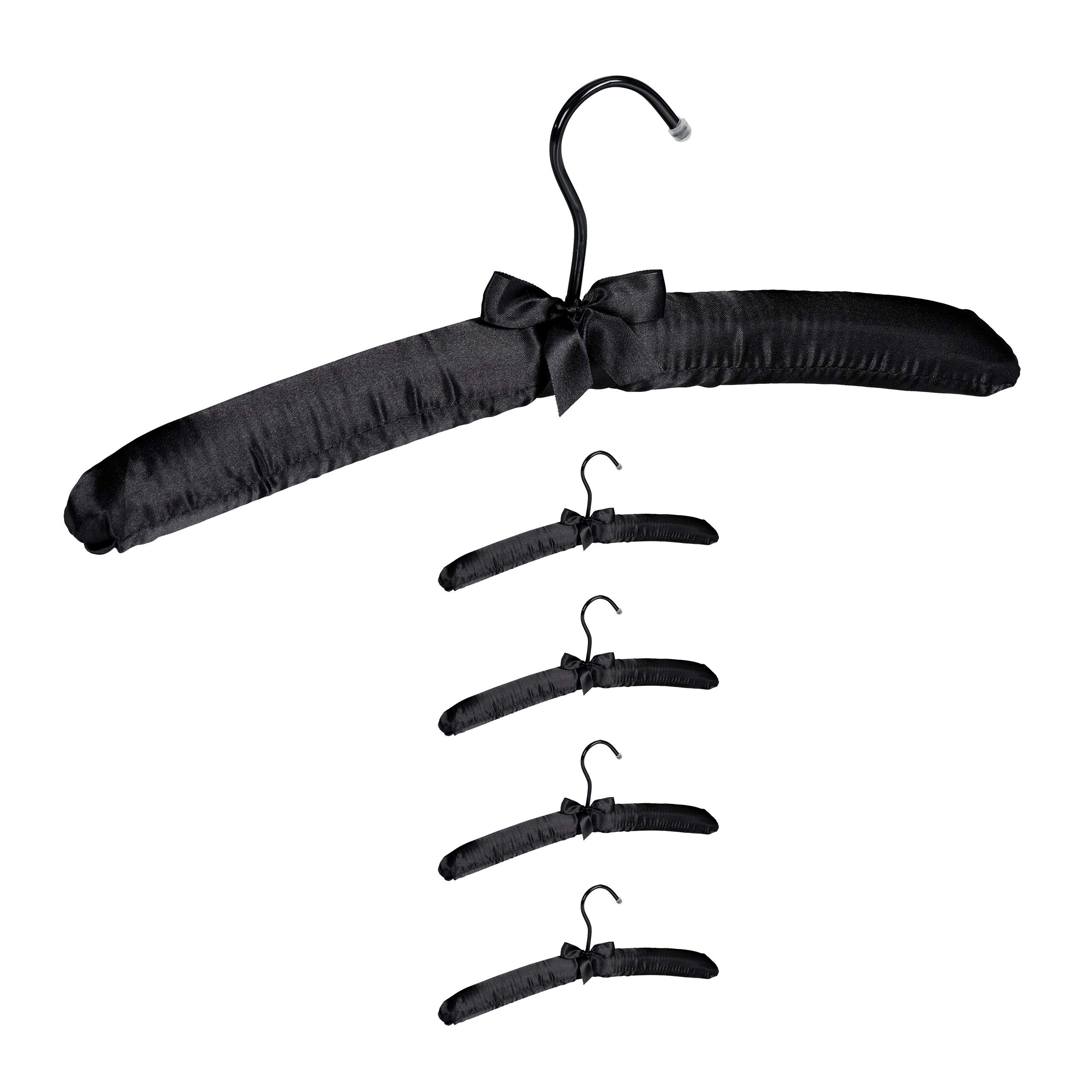 Relaxdays Satin Clothes Hanger Set of 5, Soft Padding, 360° Swivel Hooks, Decorative Bow, 38 cm Wide, Black, Wood, Pack of 5