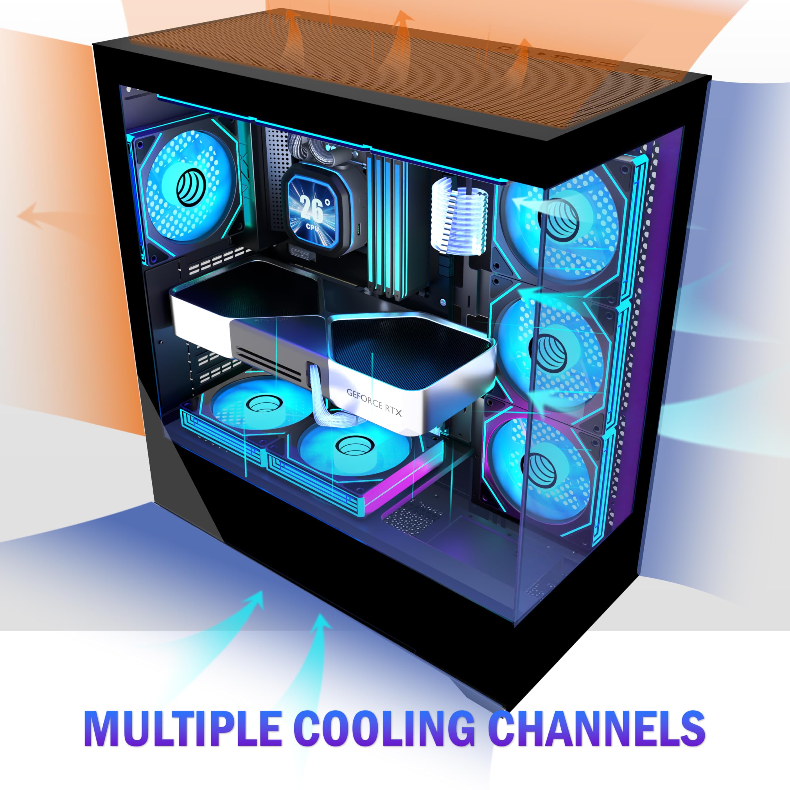 KEDIERS PC Gehäuse Vorinstallierter 7 × 120MM PWM ARGB Lüfter, ATX Mid Tower PC Gehäuse, Computergehäuse mit Panoramaaussicht Gehärtetes Glas Front Panel,Schwarz，P4 ARGB