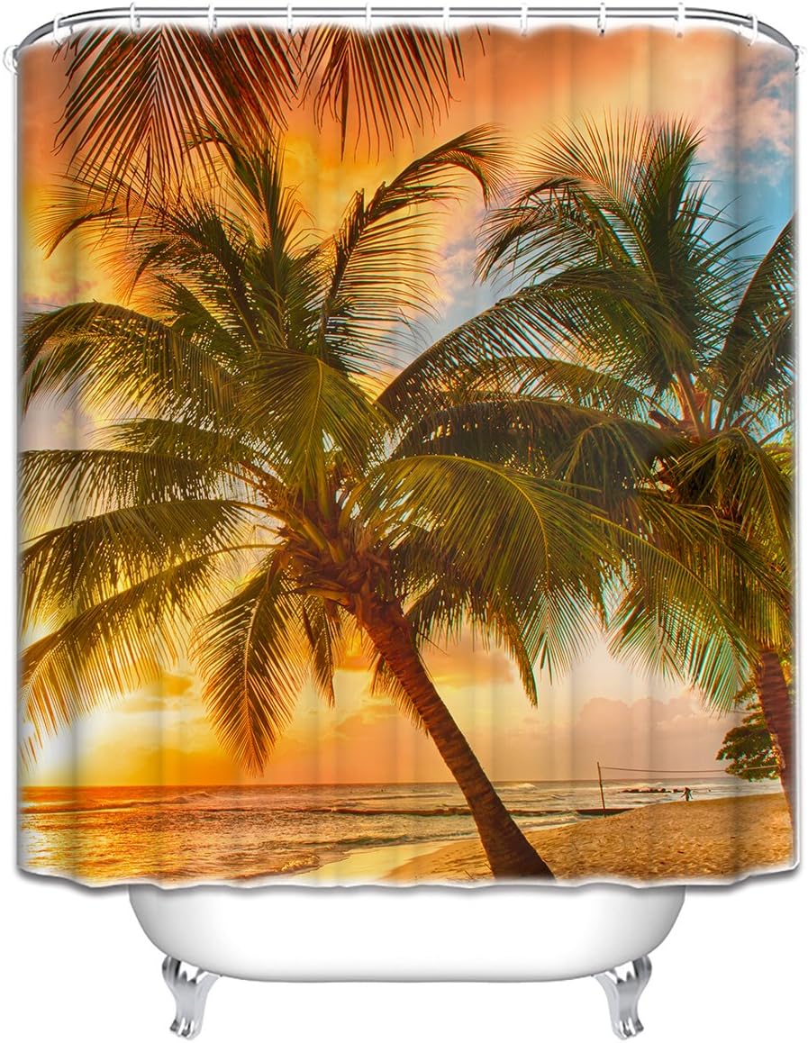 YHC Hawaii Summer Beach Palm Tree Sunset Scenery Waterproof Fabric Polyester Shower Curtain 72"X72"-Bathroom Decor