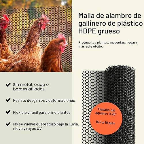 Miniatura 2 de MaPorch Valla de malla de alambre de pollo de plástico, malla negra, 15.7 pulgadas x 10 pies, valla de alambre de pollo de instalación rápida