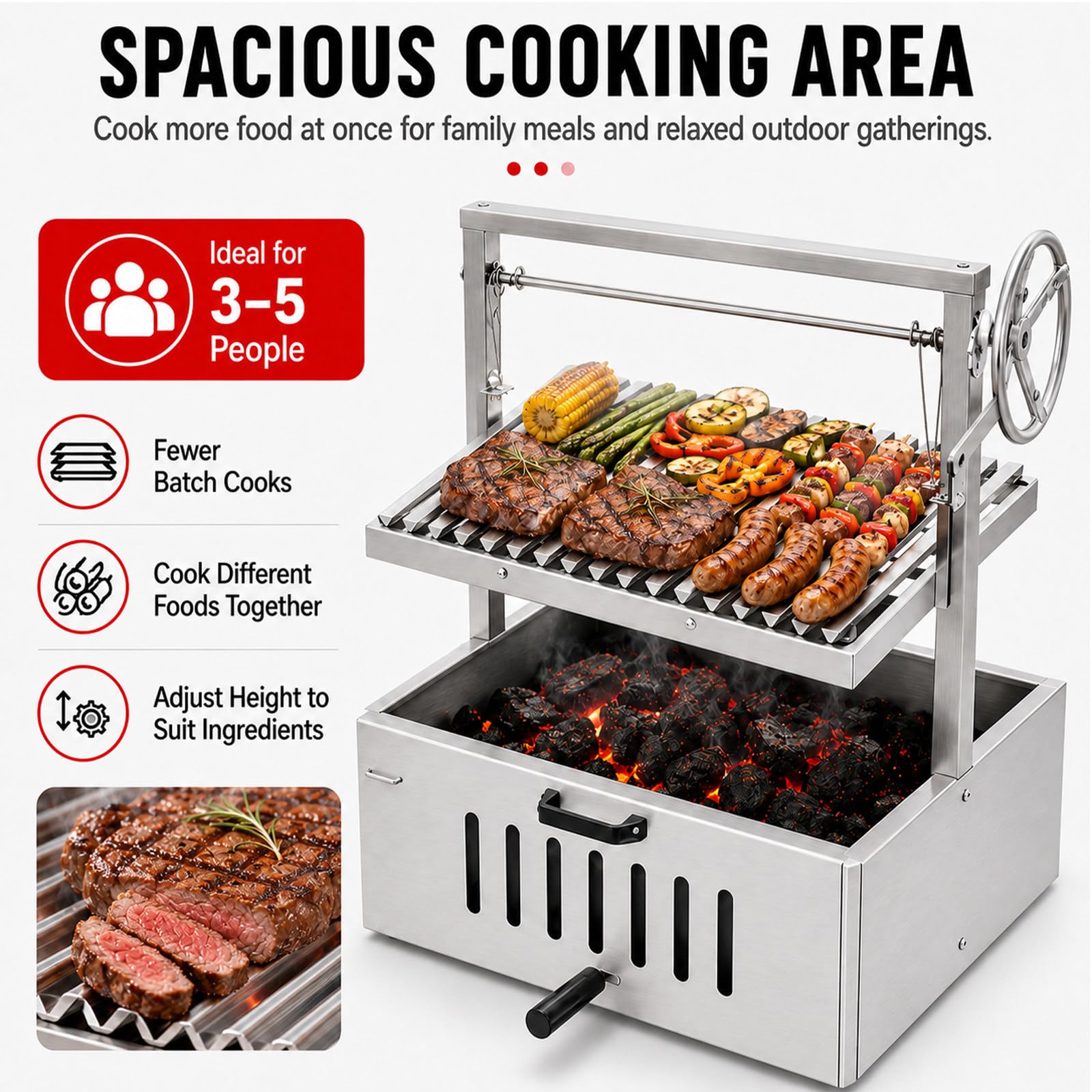 Barbecue A Carbone Smontabile con Griglia 304StainlessSteel | Due Opzioni In Acciaio Inox, Griglia A V E Manovella Laterale Per Una Regolazione Semplice Dell'altezza.