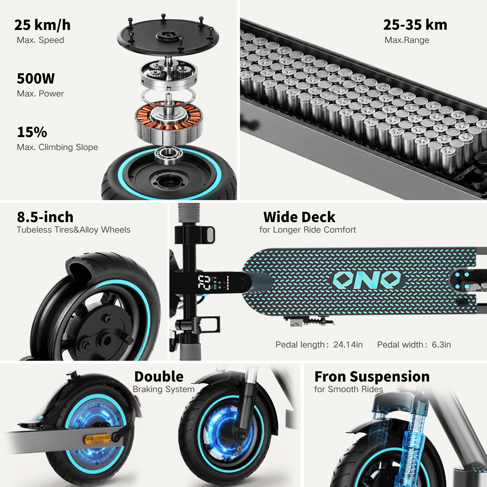 QnQ Trottinette Électriques Adulte Antivol, Moteur 500W/1500W, 8.5'' Pneu Anti-crevaison, Batterie 10.4AH, autonomie de 20 à 35 km, 3 Modes, Maximum 25km/h, Double Frein, Double Amortisseur, APP