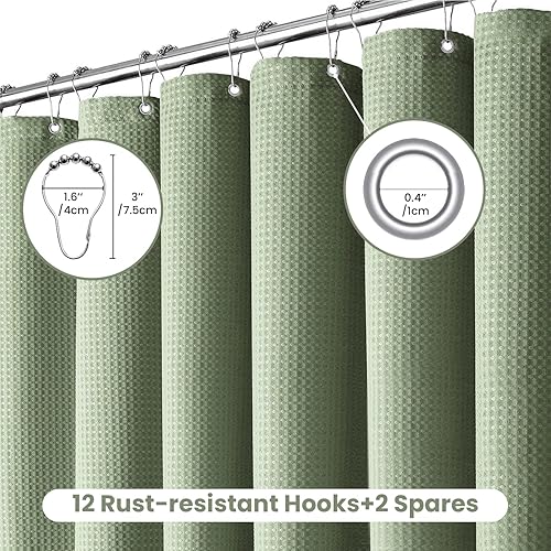 Miniatura 2 de Inhousolu - Cortina de ducha de tela con tejido de gofre, color verde salvia resistente de 7.16 ozm, dobladillo pesado, 14 ganchos de metal,