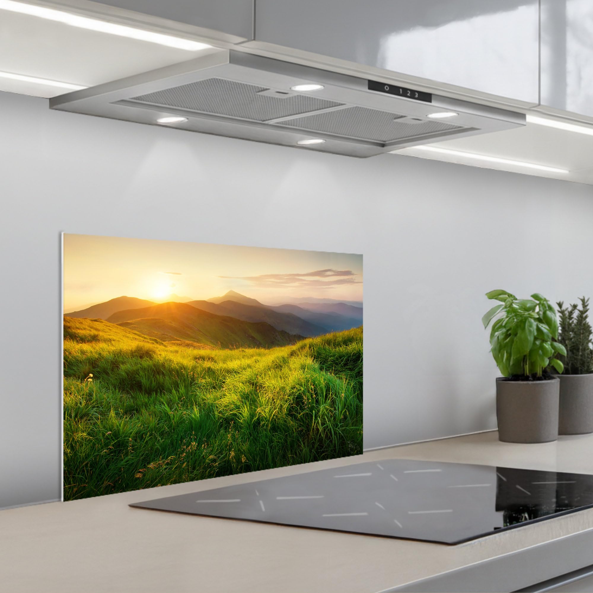 KitchenYeah© Credence Adhesive Pour Cuisine 40x60 cm Panneau Mural Adhesif Fond De Hotte Plaque Pvc Murale Peel And Stick Protege Mur Herbe - Collines - Soleil - Nature - Paysage