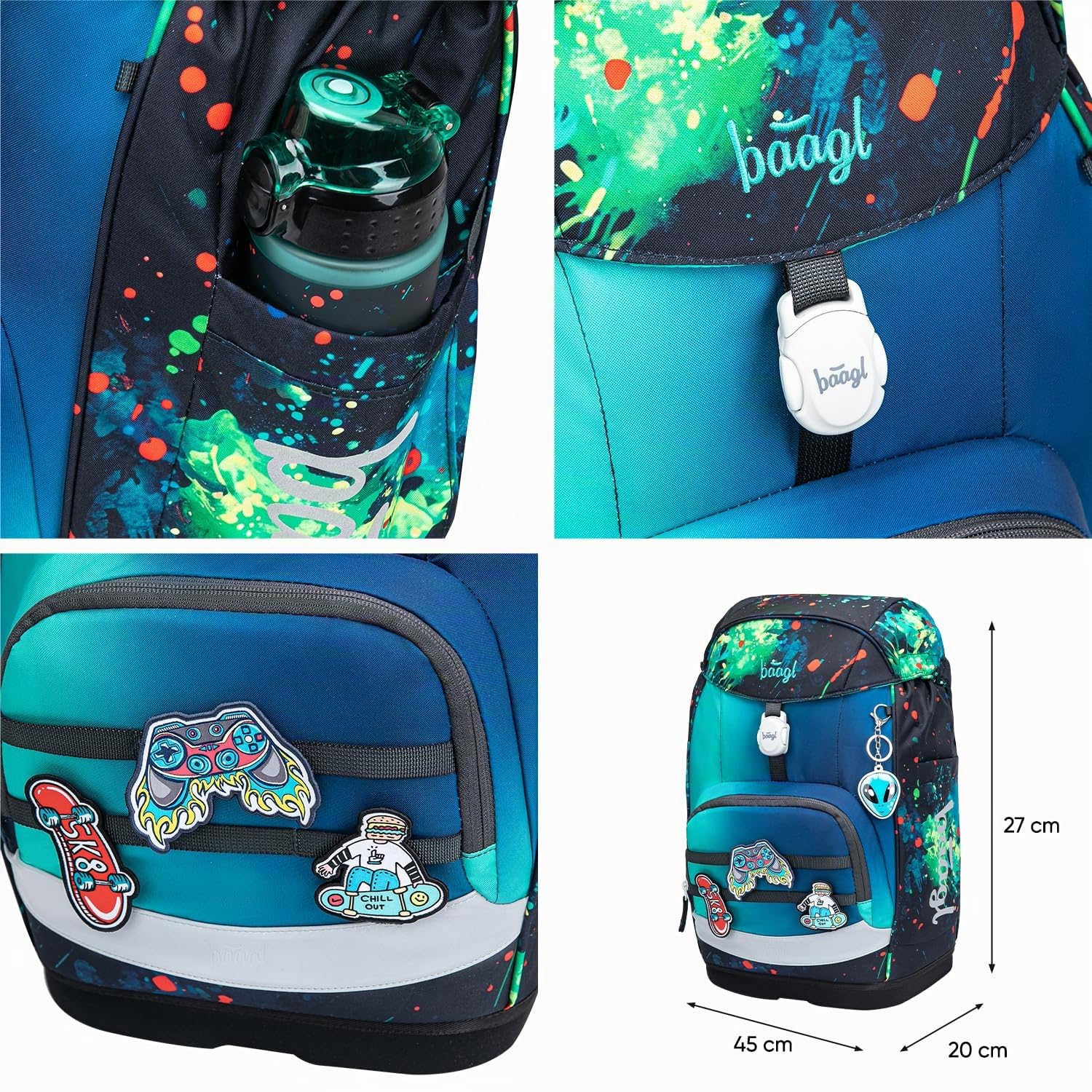 Baagl Schulranzen Jungen Set 3 Teilig Airy Plus Schultasche 25 l - Chill | Ergonomischer Schulrucksack und Grundschule Ranzen für die 1. Klasse enthält ein Federmäppchen sowie einen Turnbeutel.