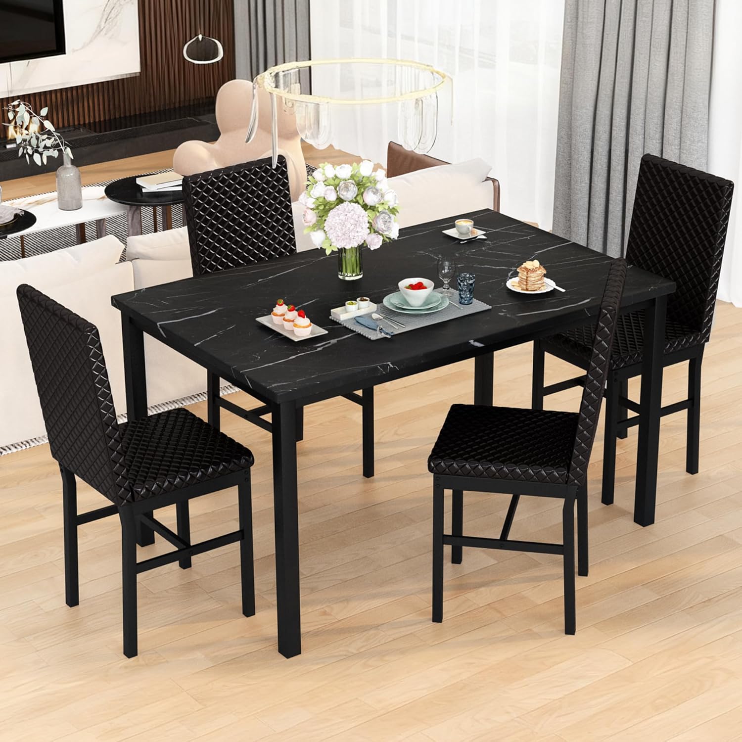 Recaceik Dining Table Set for 4, Kitchen Table and Chairs Set of 4 Modern Faux Marble Dinner Tabletop with Upholstered PU Leather Chairs for Apartment Small Space