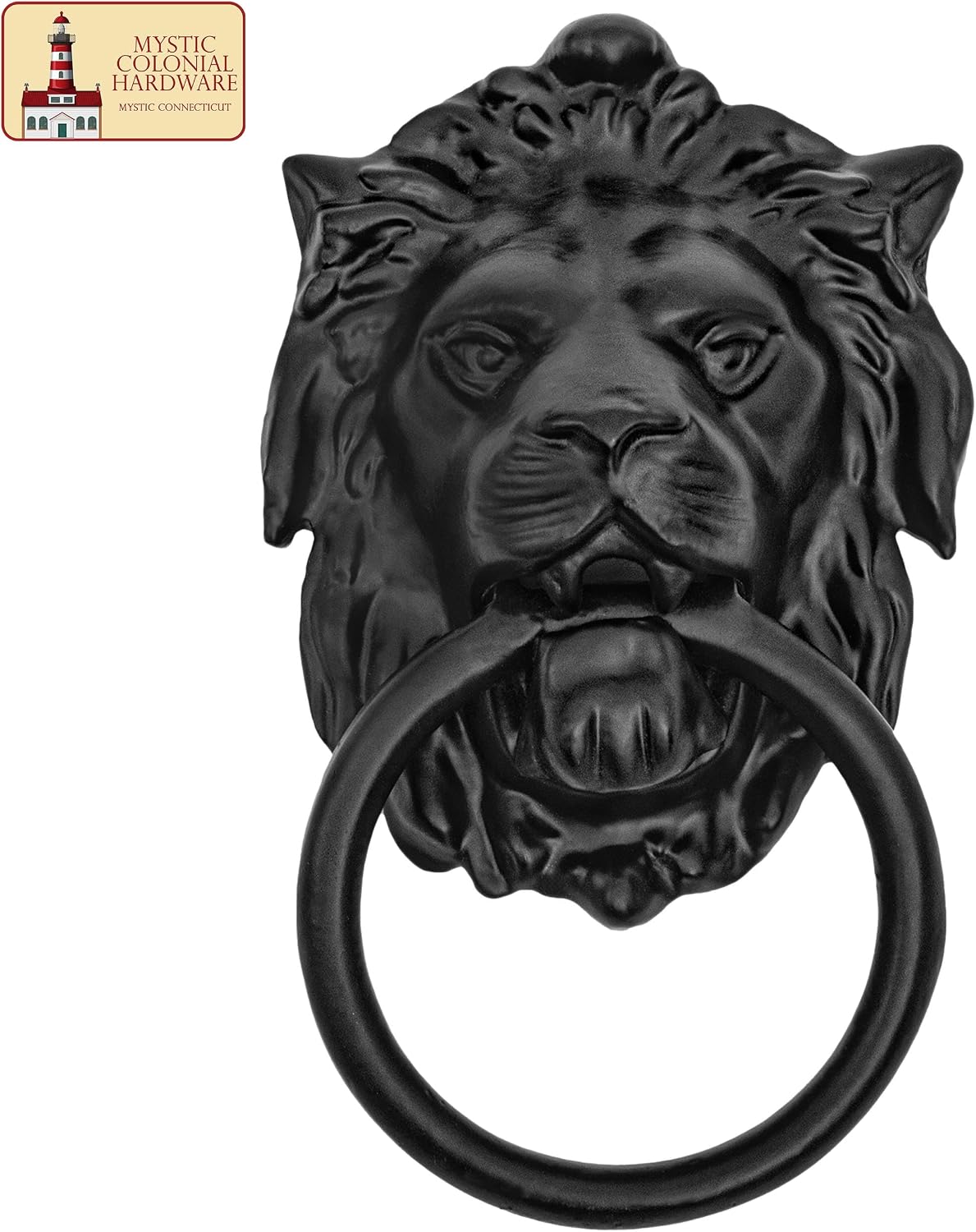 Mystic Colonial Lion Head Door Knocker – Heavy Duty Cast Iron Front Door Hardware, Antique Vintage Style Decorative Entryway Knocker for Home Exterior, Black